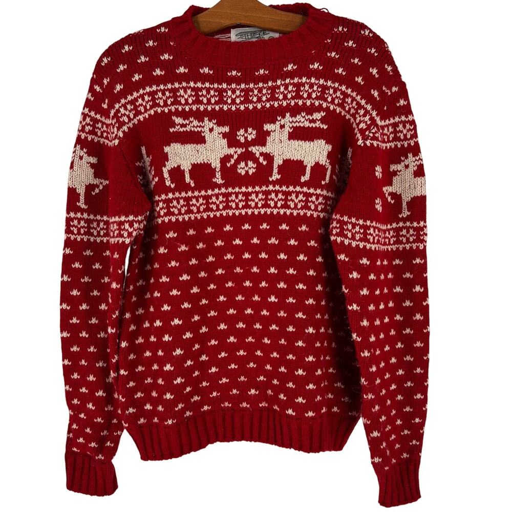 Vintage Aerodrille Nordic Fair Isle Reindeer Wool Blend Red Sweater, Womens XL